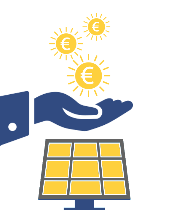 Stylisierte Photovoltaik Darstellung mit Hand die Sonnen-förmige Euromünzen auffängt und dadurch Geld spart.